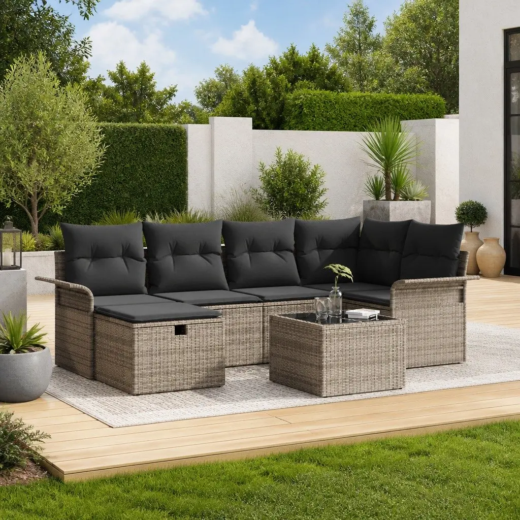 Garden Sofa Set Modern Grey Poly Rattan 7 Piece Outdoor Seating Patio Furniture