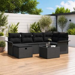Outdoor Garden Sofa Set 7 Pieces Black Poly Rattan Patio Seating with Cushions