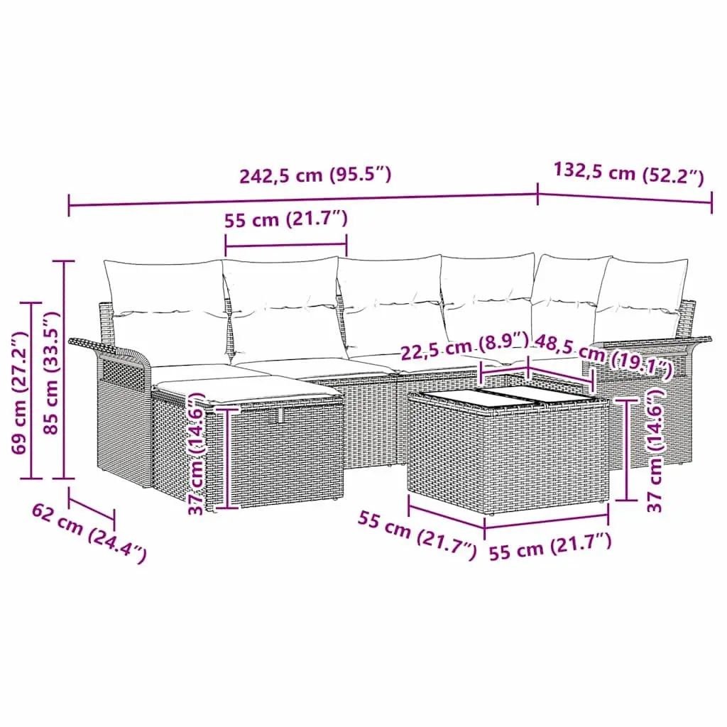 Outdoor Garden Sofa Set 7 Pieces Black Poly Rattan Patio Seating with Cushions
