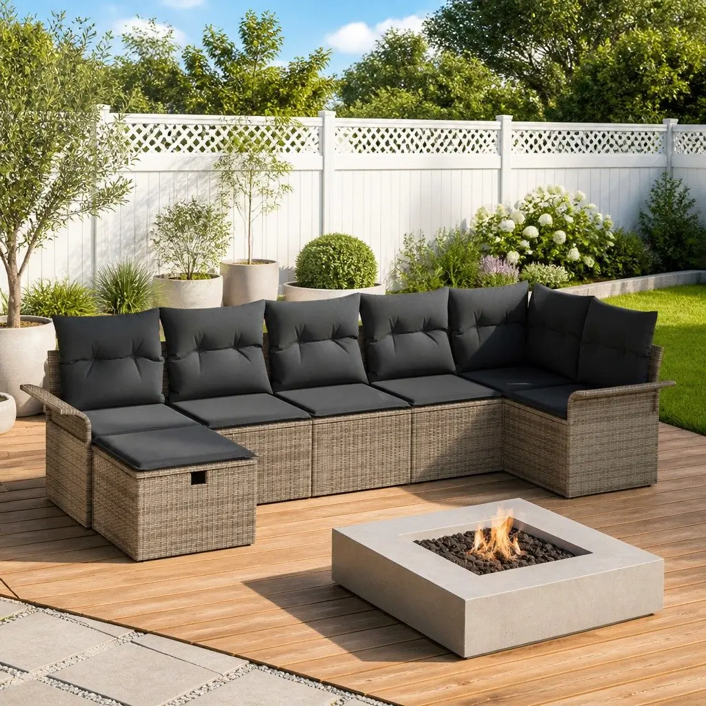 Modular Outdoor Garden Sofa Set 7 pcs Grey Poly Rattan with Storage