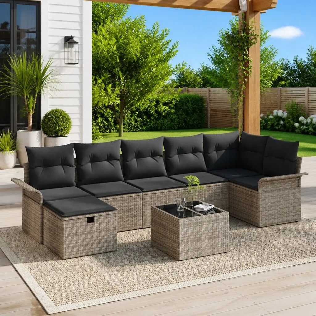 Modular Garden Sofa Set 8 Piece Grey Poly Rattan Outdoor Seating with Height Adjustable Table