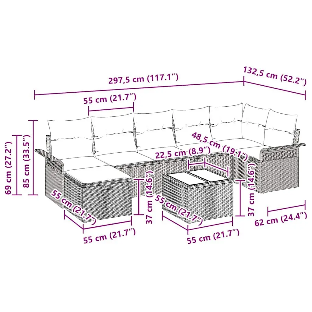Modular Garden Sofa Set 8 Piece Grey Poly Rattan Outdoor Seating with Height Adjustable Table