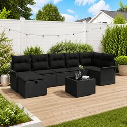 Outdoor Garden Sofa Set 8 Pieces Modular Black Poly Rattan Patio Seating Lounge