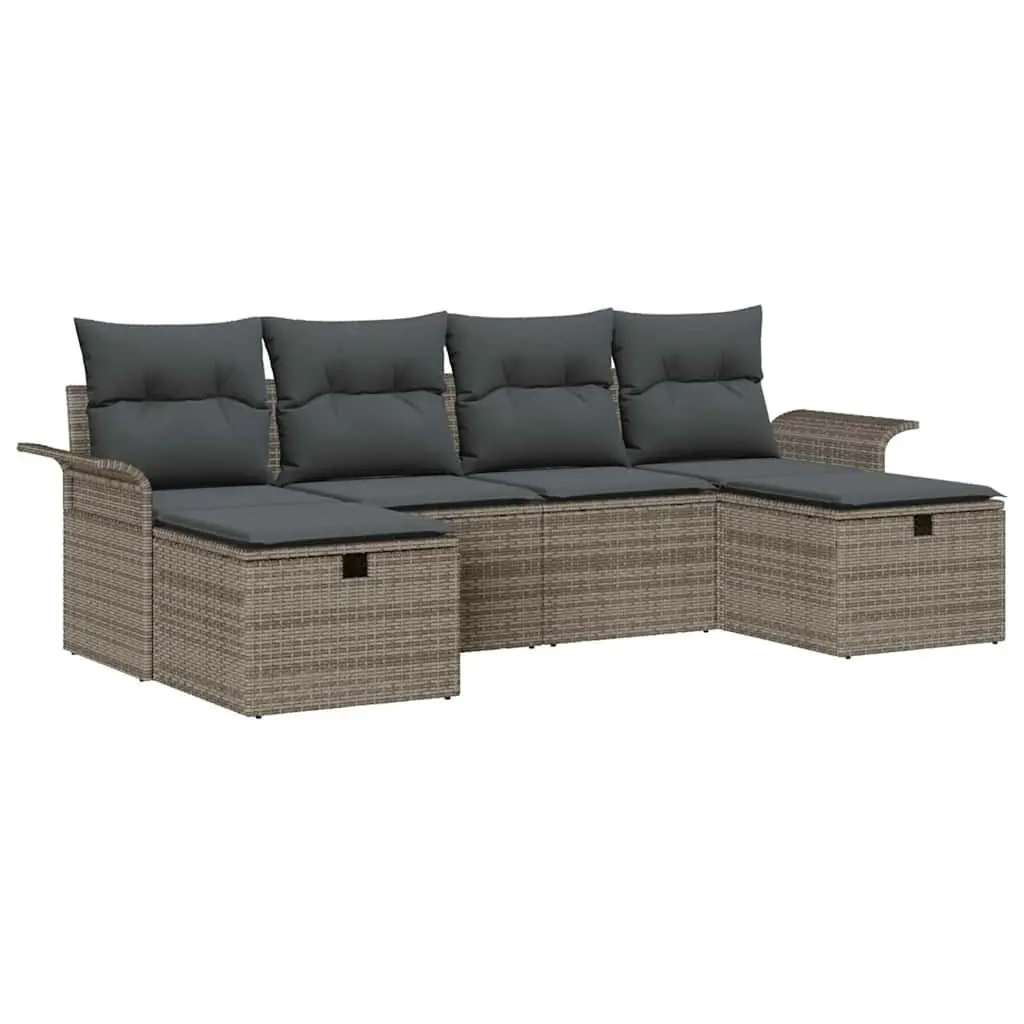 Garden Sofa Set 6 Pieces Grey Poly Rattan Outdoor Patio Furniture with Cushions
