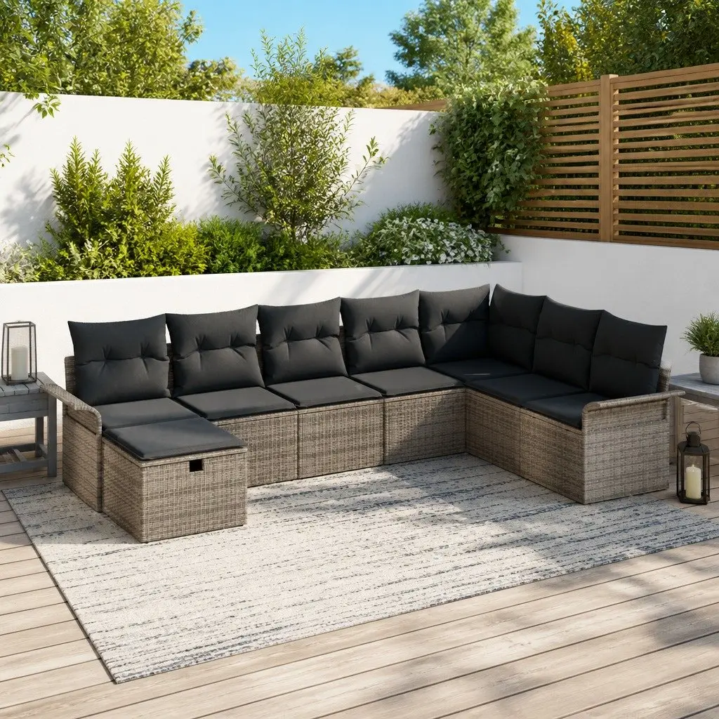Garden Sofa Set 8 pcs Grey Poly Rattan Outdoor Seating with Cushions Modular