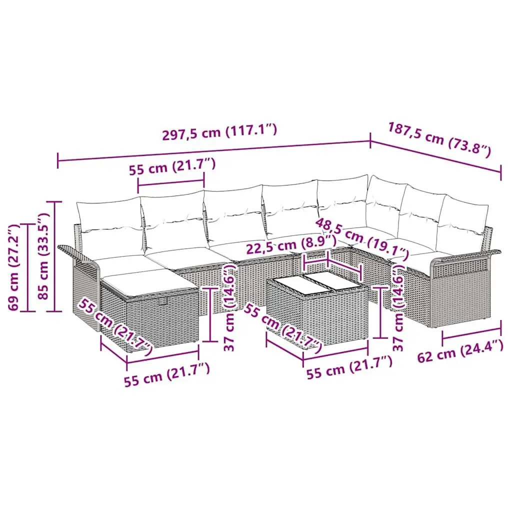 Outdoor Garden Sofa Set Modular Black Poly Rattan 9 Pieces