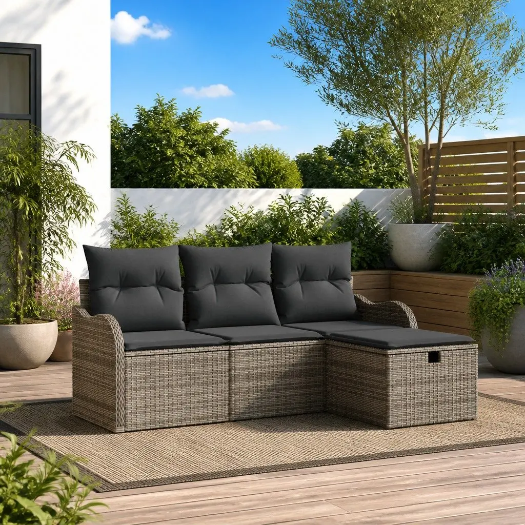 ModularGreyOutdoorSofaSet4PiecePolyRattanLoungewithCushions
