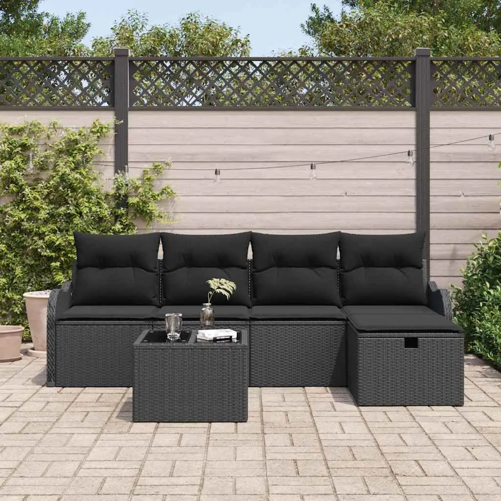 Modular Outdoor Sofa Set 6 Piece Black Poly Rattan with Cushions