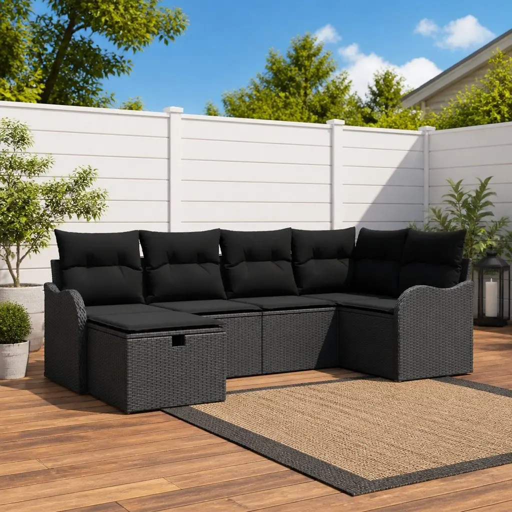 Modular Outdoor Garden Sofa Set 6 Piece Black Poly Rattan Patio Seating