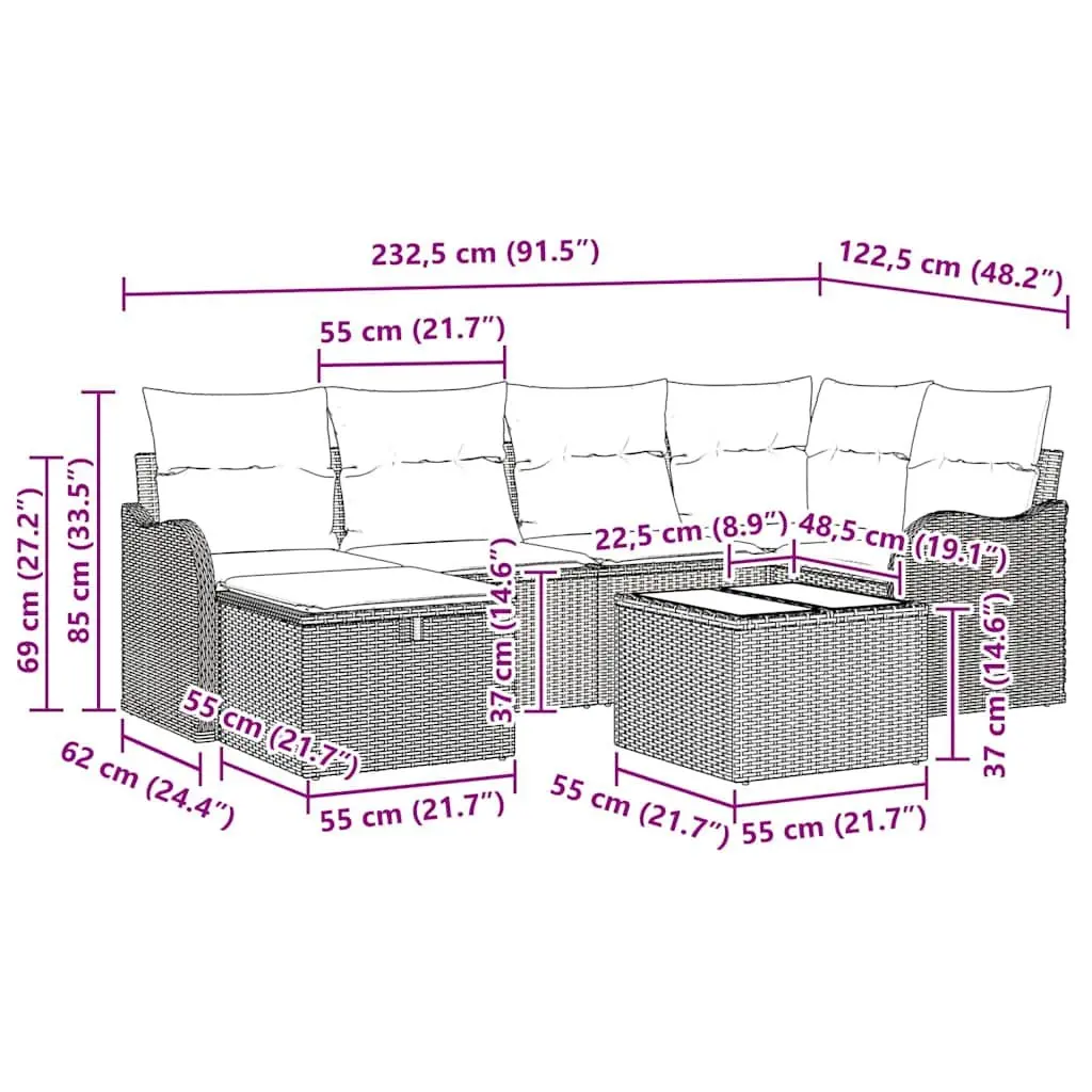 Garden Sofa Set Modular 7 pcs Grey Poly Rattan Outdoor Seating Cushions Patio