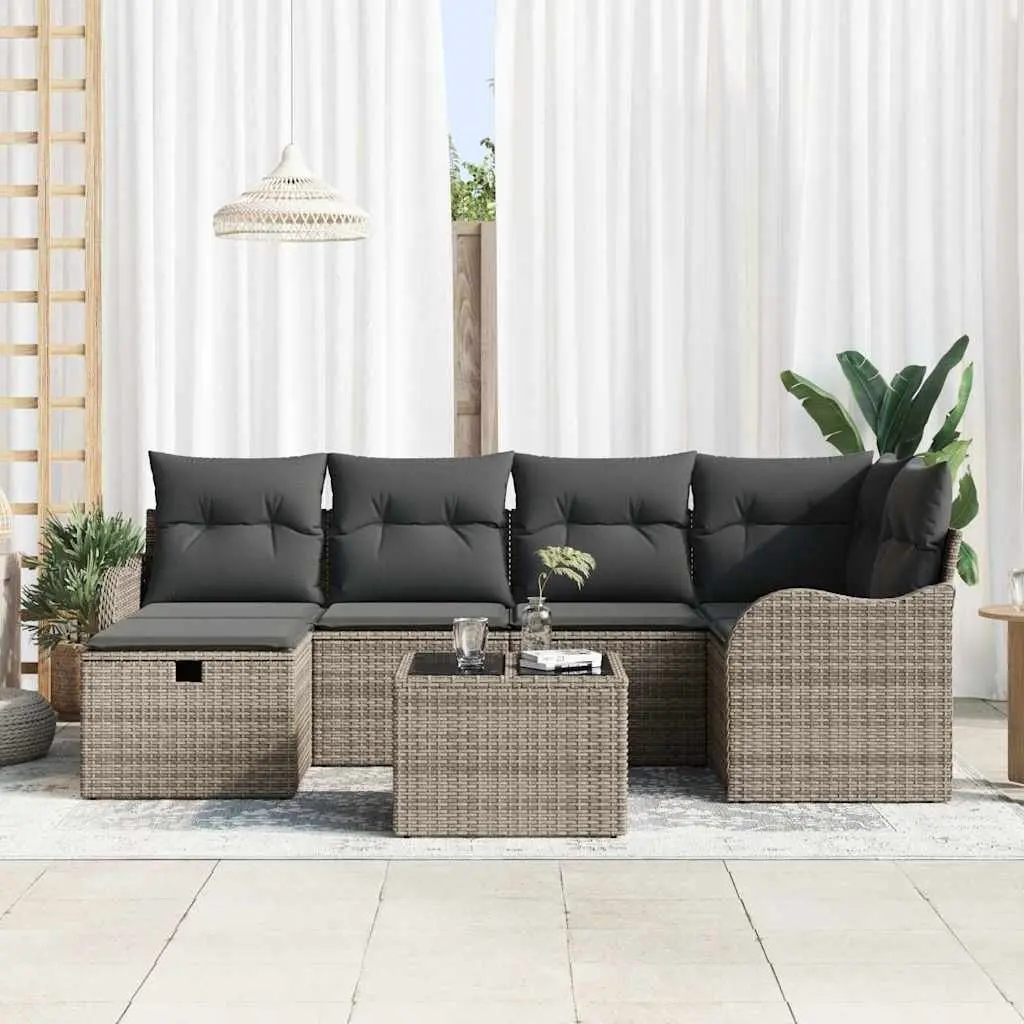 Garden Sofa Set Modular 7 pcs Grey Poly Rattan Outdoor Seating Cushions Patio
