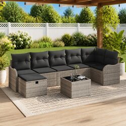 Outdoor Sofa Set Grey Poly Rattan Garden Seating with Removable Cushions Storage