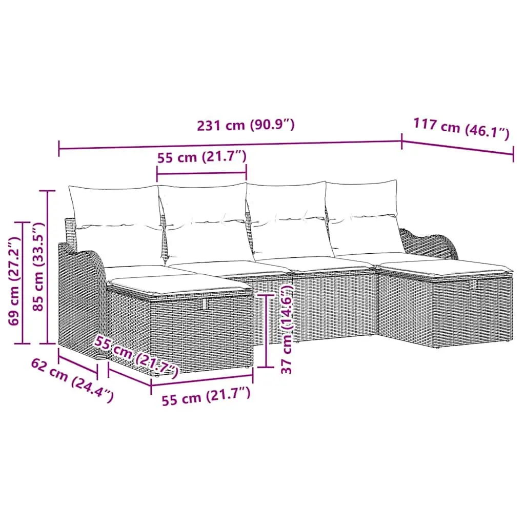 Outdoor Garden Sofa Set 6 Piece Modular Seating Grey Poly Rattan with Storage