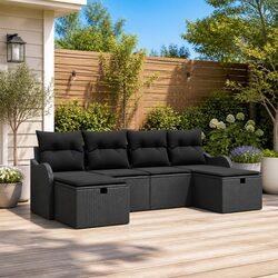 Outdoor Sofa Set 6 Piece Modular Garden Seating with Hidden Storage Black Poly