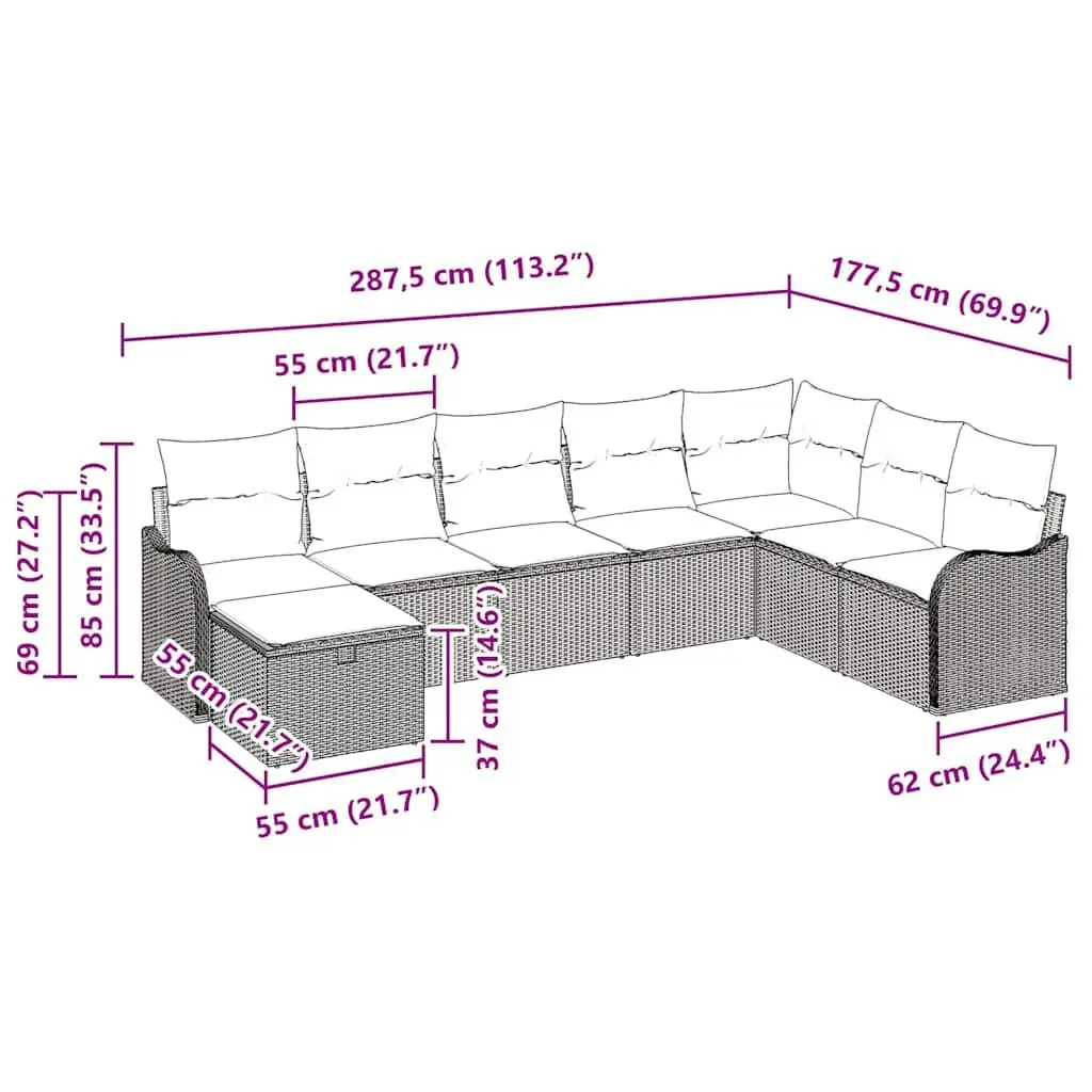 Outdoor Sofa Set 8 Pieces Grey Poly Rattan Garden Seating with Storage Cushions