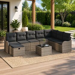 Outdoor Sofa Set 9 Pieces Grey Poly Rattan Garden Furniture with Storage