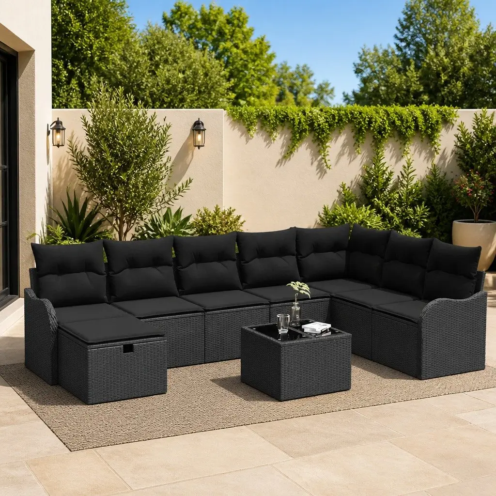 Outdoor Sofa Set Black Poly Rattan Garden Furniture Cushioned with Storage