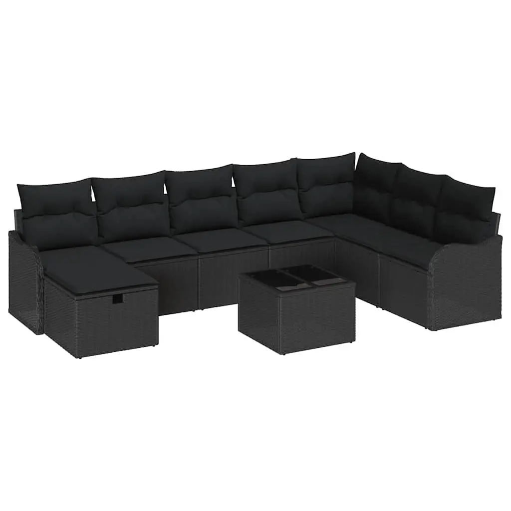 Outdoor Sofa Set Black Poly Rattan Garden Furniture Cushioned with Storage
