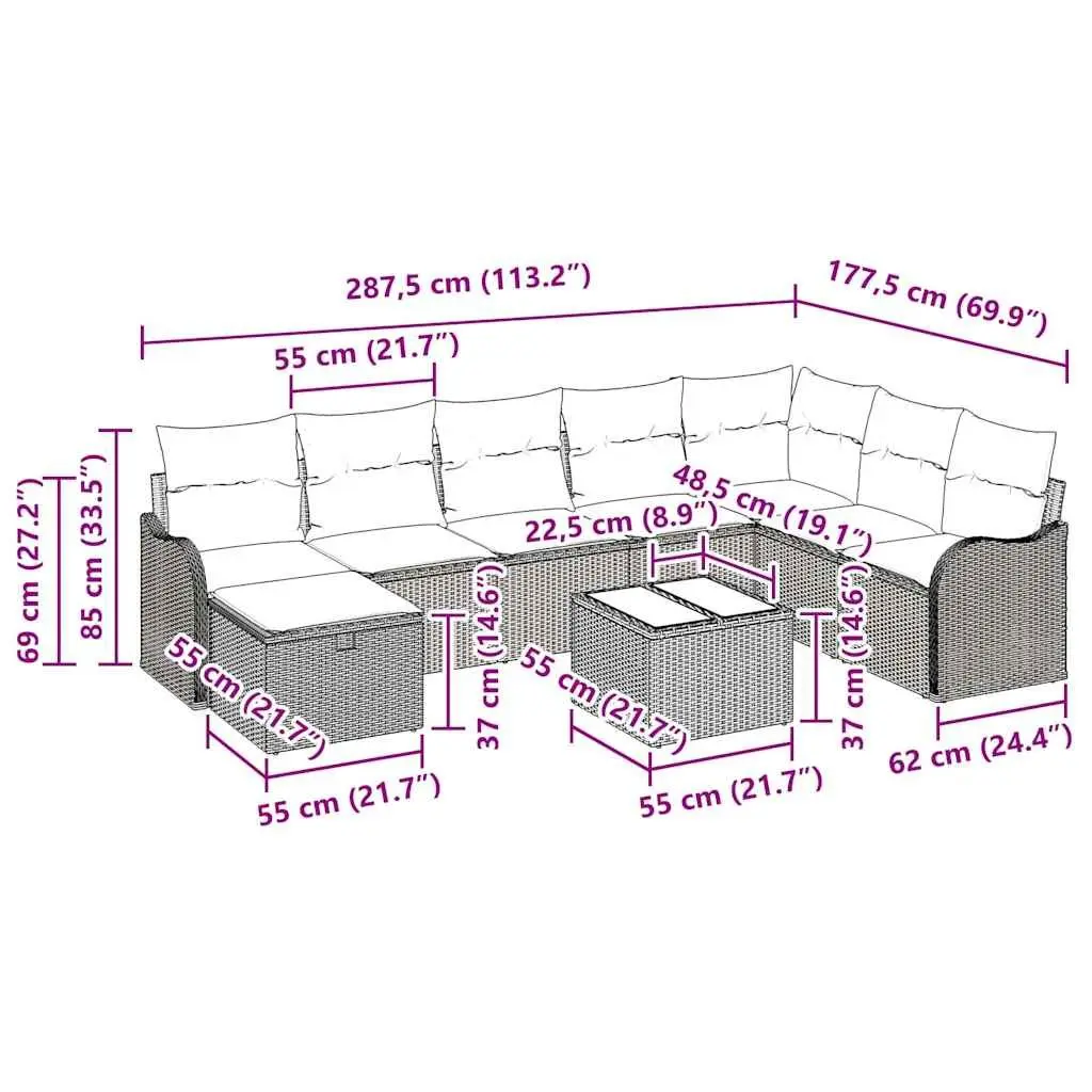 Outdoor Sofa Set Black Poly Rattan Garden Furniture Cushioned with Storage