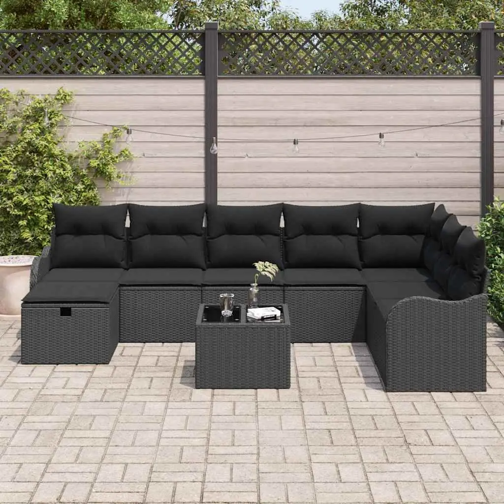 Outdoor Sofa Set Black Poly Rattan Garden Furniture Cushioned with Storage