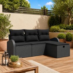 Outdoor Sectional Sofa Set 4 Pieces Black Poly Rattan Modular Garden Seating