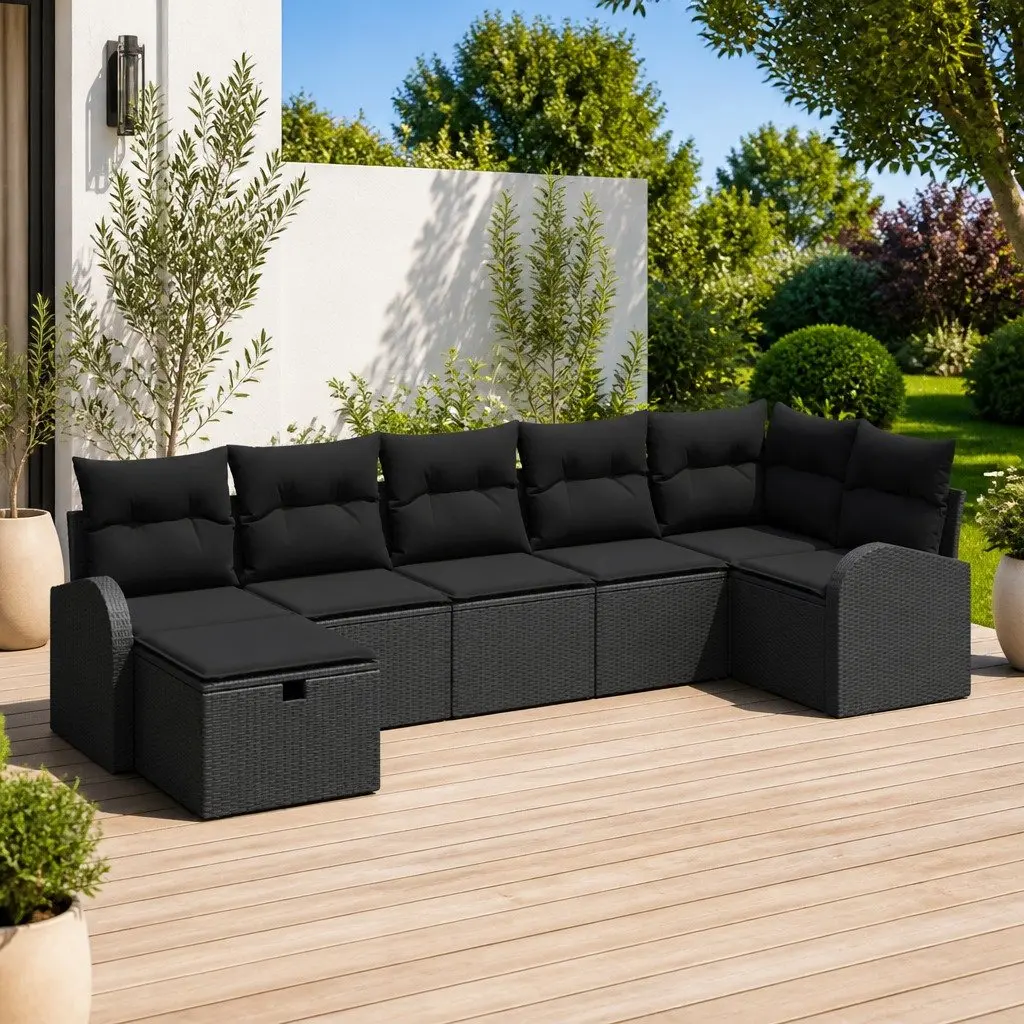 Outdoor Sofa Set 7 Piece Black Poly Rattan Weather Resistant with Storage Compartments