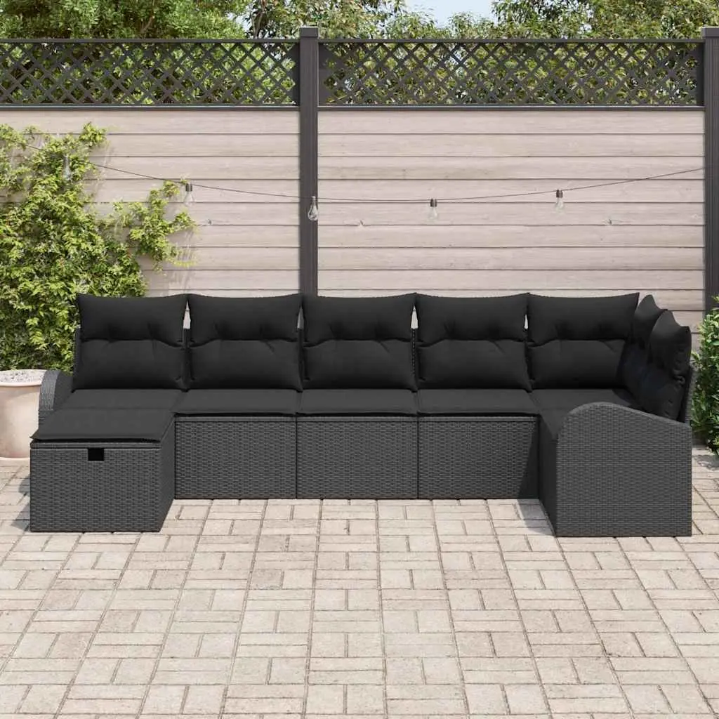 Outdoor Sofa Set 7 Piece Black Poly Rattan Weather Resistant with Storage Compartments