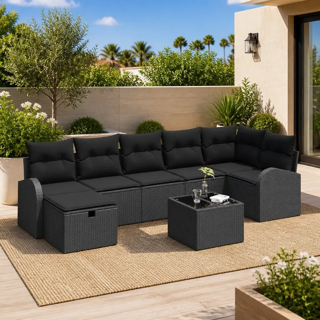Outdoor Garden Sofa Set 8 Pieces Black Poly Rattan with Storage