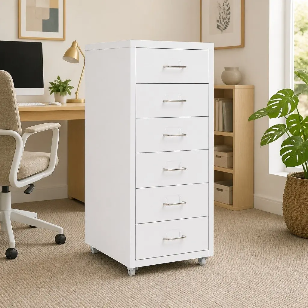Mobile Filing Cabinet 6 Drawer White Metal Organizer with Wheels