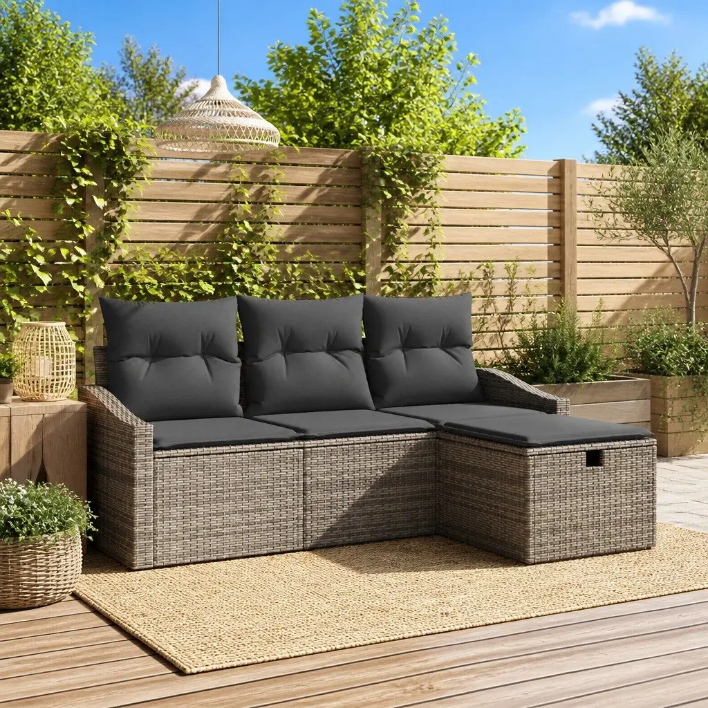 Outdoor Sofa Set 4 pcs Grey Poly Rattan Garden Furniture with Storage Cushion