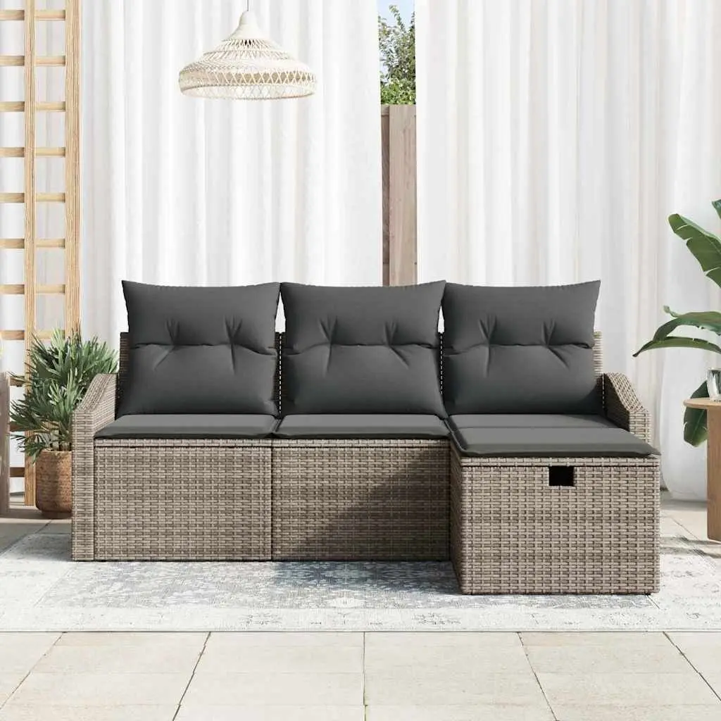 Outdoor Sofa Set 4 pcs Grey Poly Rattan Garden Furniture with Storage Cushion