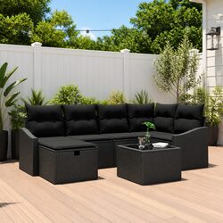Outdoor Sofa Set with Storage Black Poly Rattan Garden Furniture Modular Seating