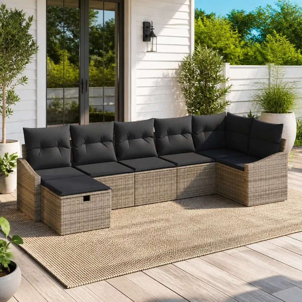 Outdoor Sofa Set Modular Grey Poly Rattan 7 Piece with Storage