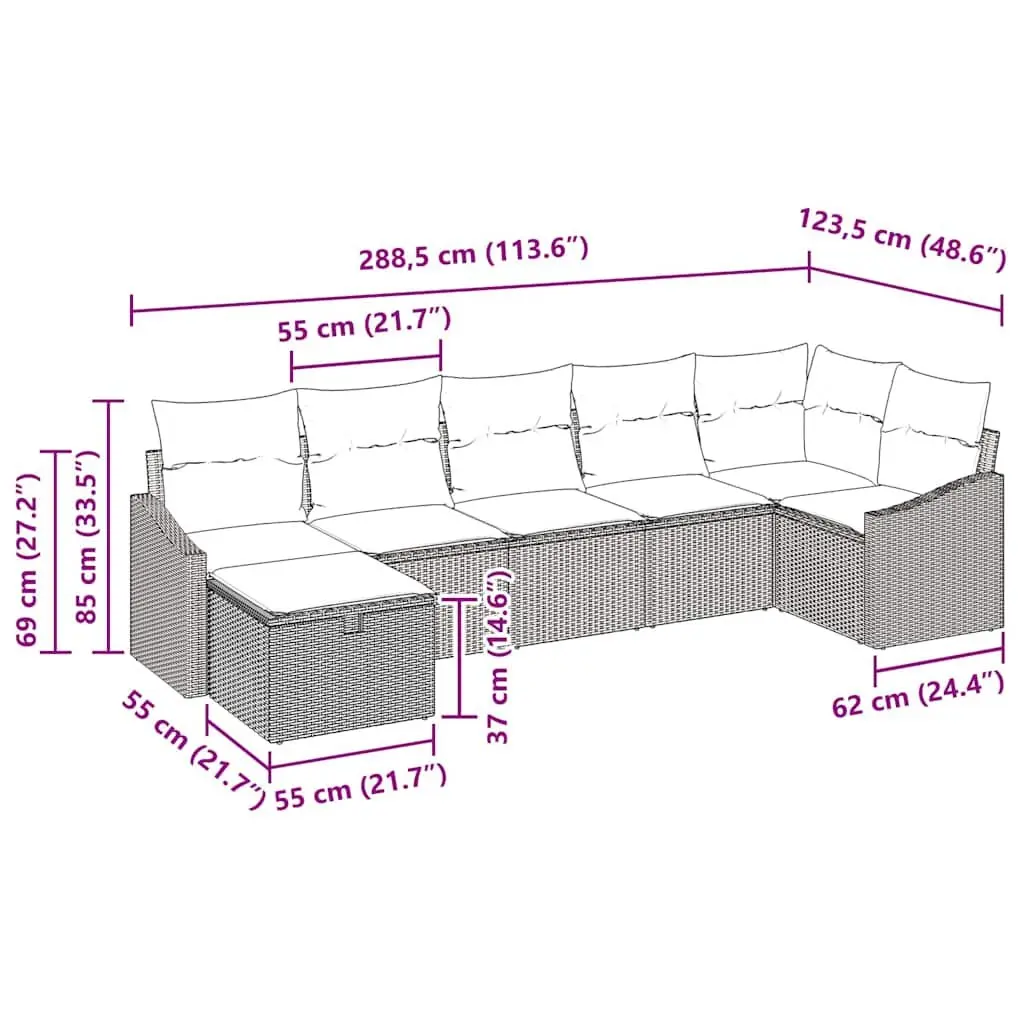 Outdoor Sofa Set Modular Grey Poly Rattan 7 Piece with Storage