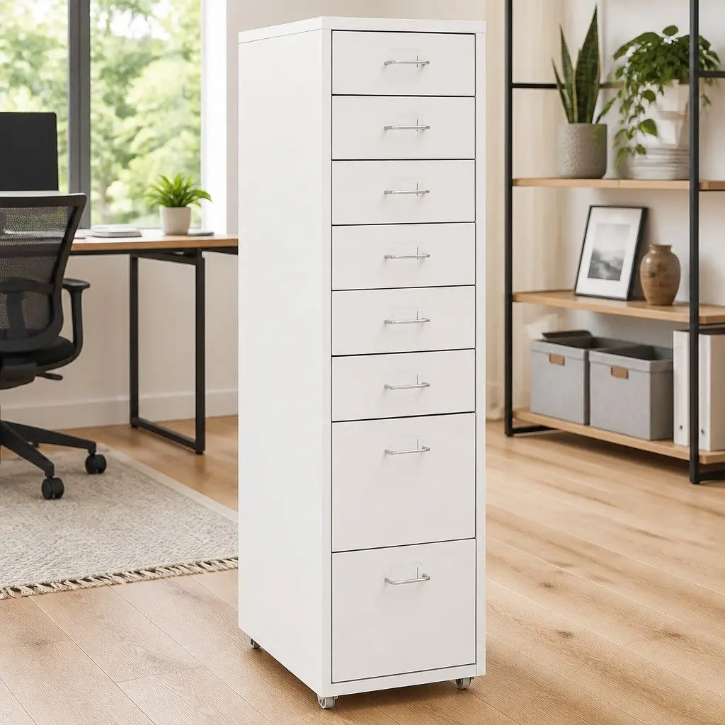 Mobile Filing Cabinet Grey Metal 8 Drawer Office Storage Chest with Wheels