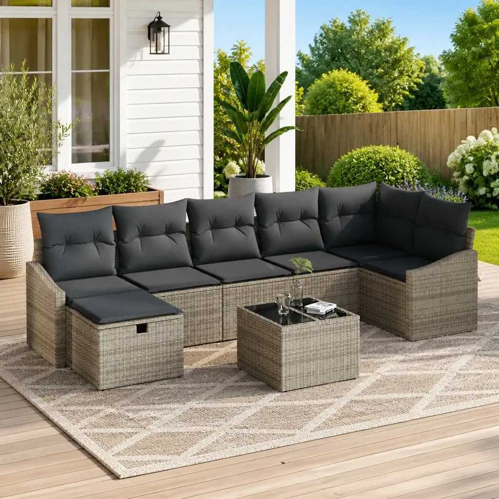 Grey Poly Rattan Outdoor Sofa Set with Storage Cushioned Modular Garden