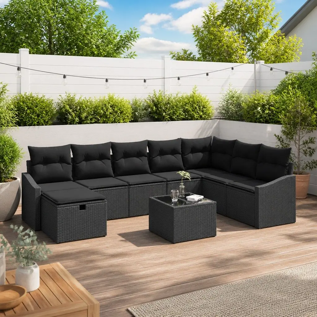 Outdoor Sofa Set Modular Black Poly Rattan 9 Pieces