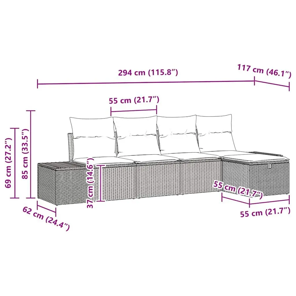 Modular Black Garden Sofa Set 5 Piece Outdoor Furniture with Cushions