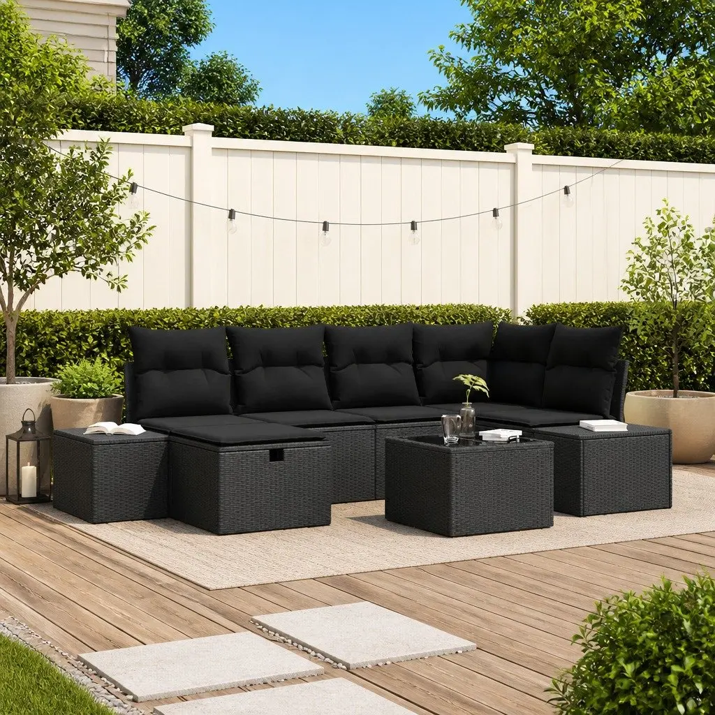 Garden Sofa Set Modular Black Poly Rattan 7 Piece Outdoor Furniture with Cushions