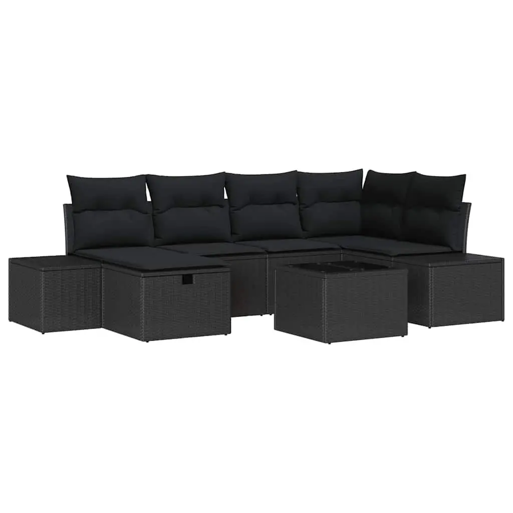 Garden Sofa Set Modular Black Poly Rattan 7 Piece Outdoor Furniture with Cushions