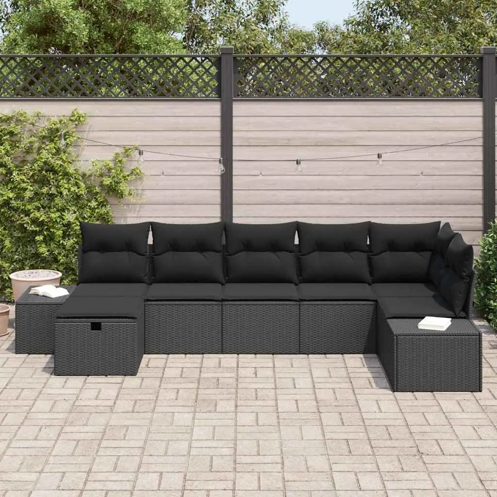 Garden Sofa Set 7 Piece Outdoor Furniture Black Poly Rattan with Cushions