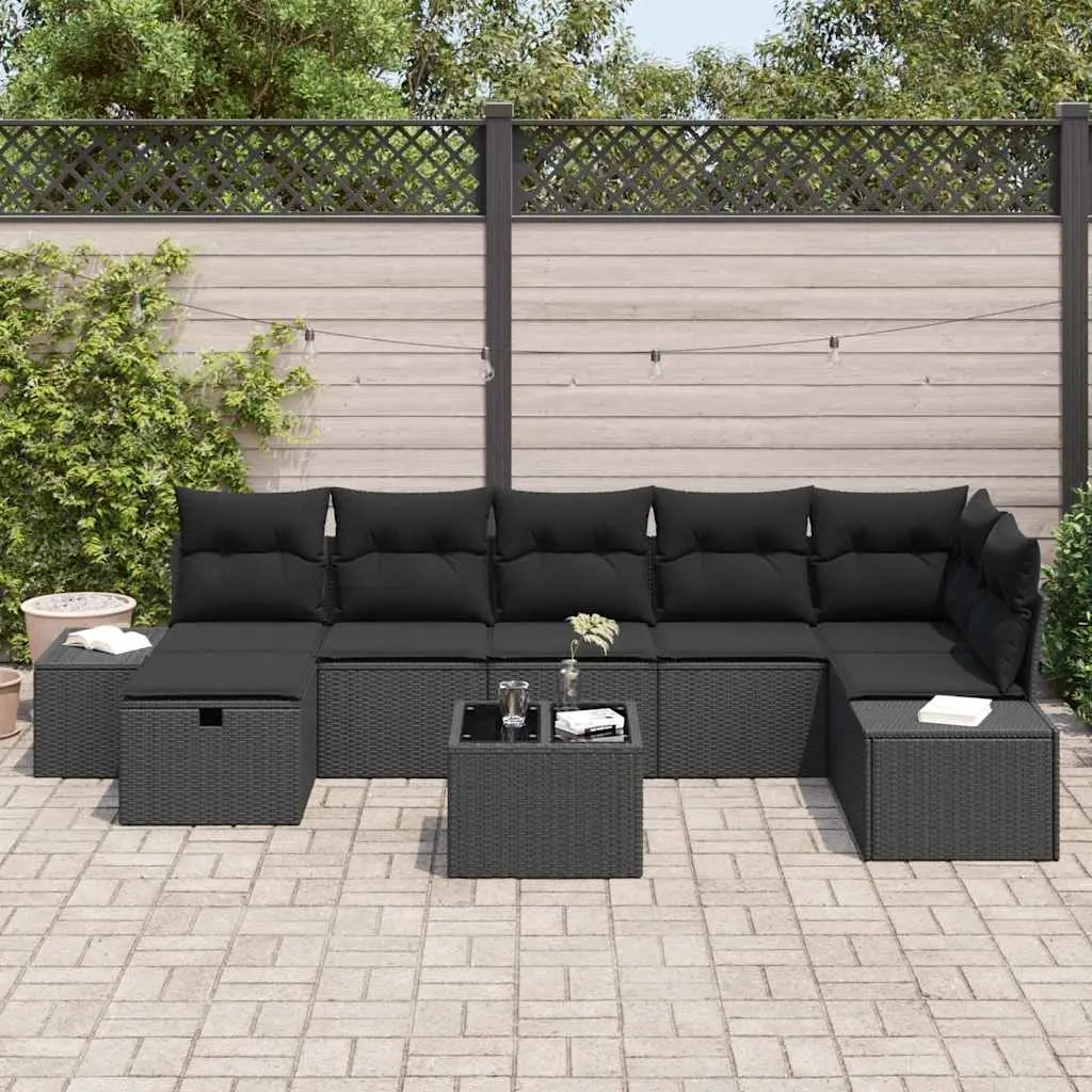 Garden Sofa Set 8 Piece Outdoor Lounge Furniture Black Poly Rattan with Cushions