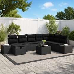 Garden Sofa Set 9 Pieces Outdoor Furniture Black Poly Rattan Modular Lounging