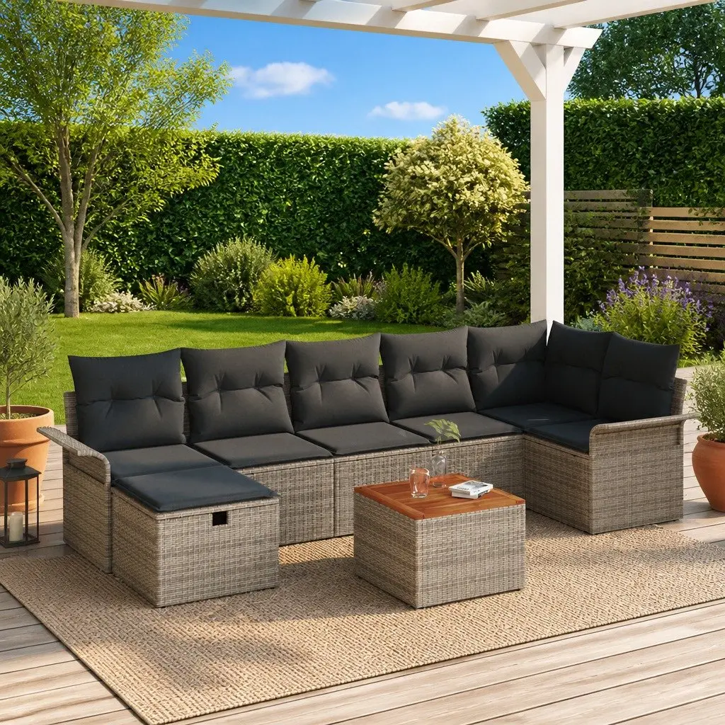 Garden Sofa Set Modular Grey Poly Rattan 8 Piece with Cushions