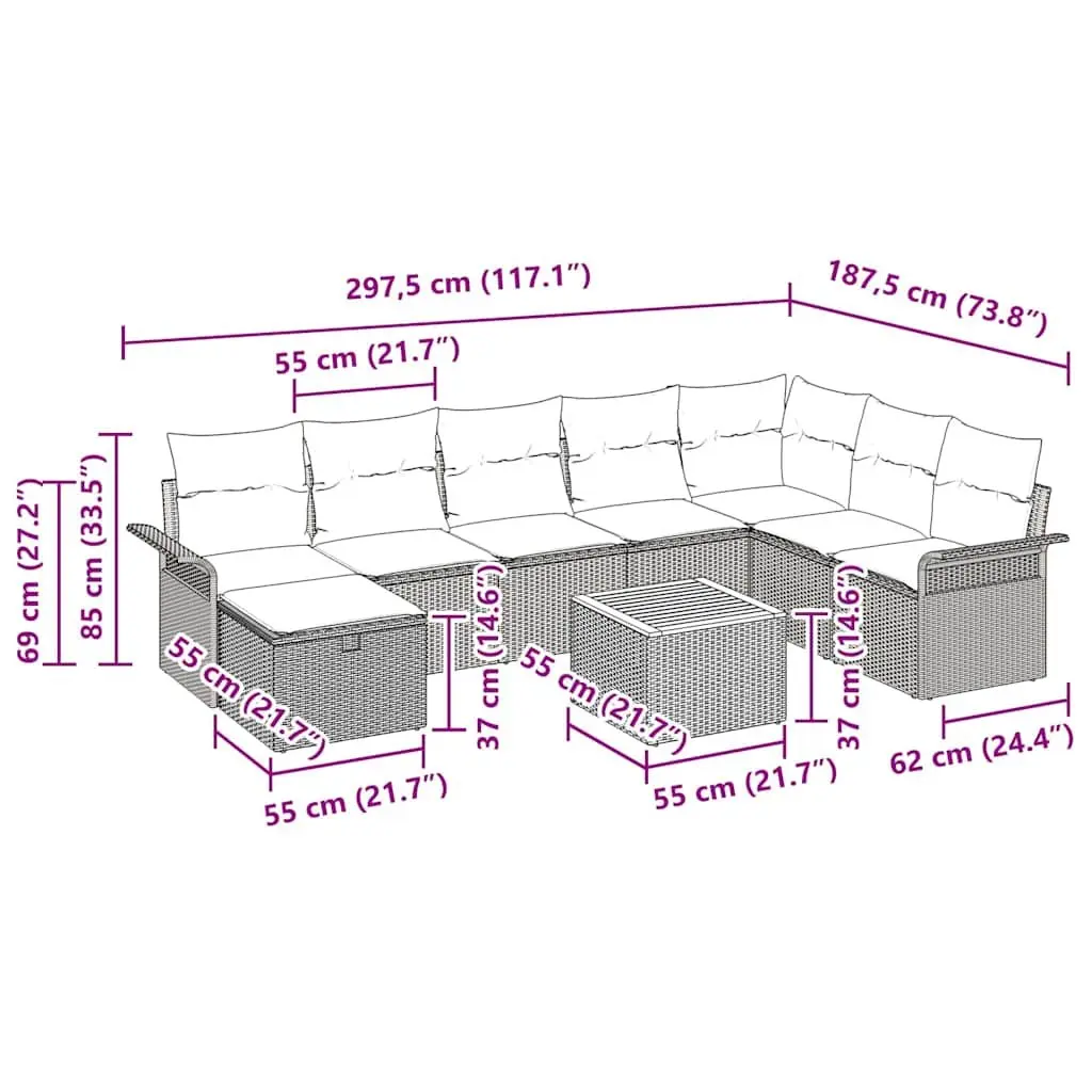 Outdoor Garden Sofa Set Modular Lounge Grey 9 Piece Poly Rattan Patio Furniture