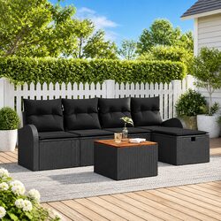 Garden Sofa Set 6 Piece Outdoor Poly Rattan with Cushions Black Modular
