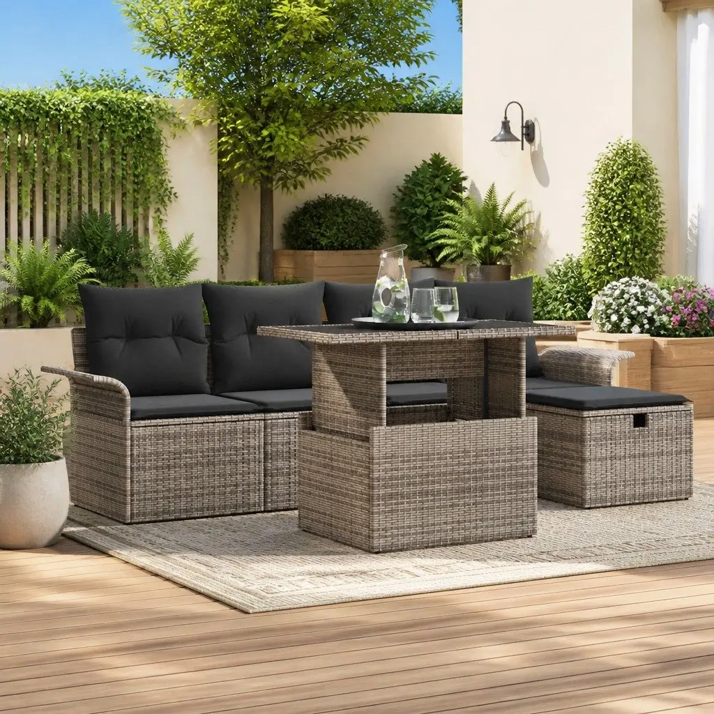 Modular Garden Sofa Set Grey 6 Piece Poly Rattan Outdoor Furniture with Cushions