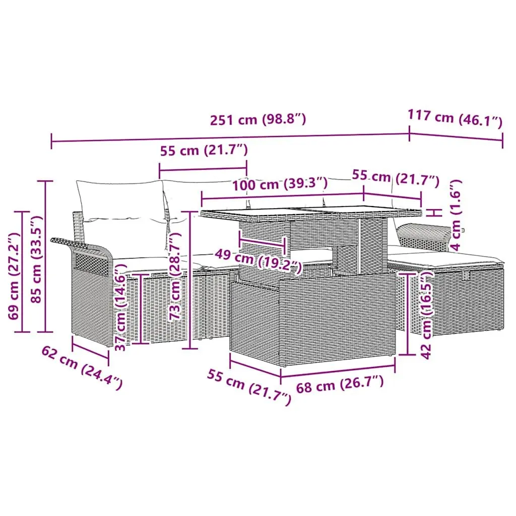 Modular Outdoor Garden Sofa Set Poly Rattan 6 Pieces Black
