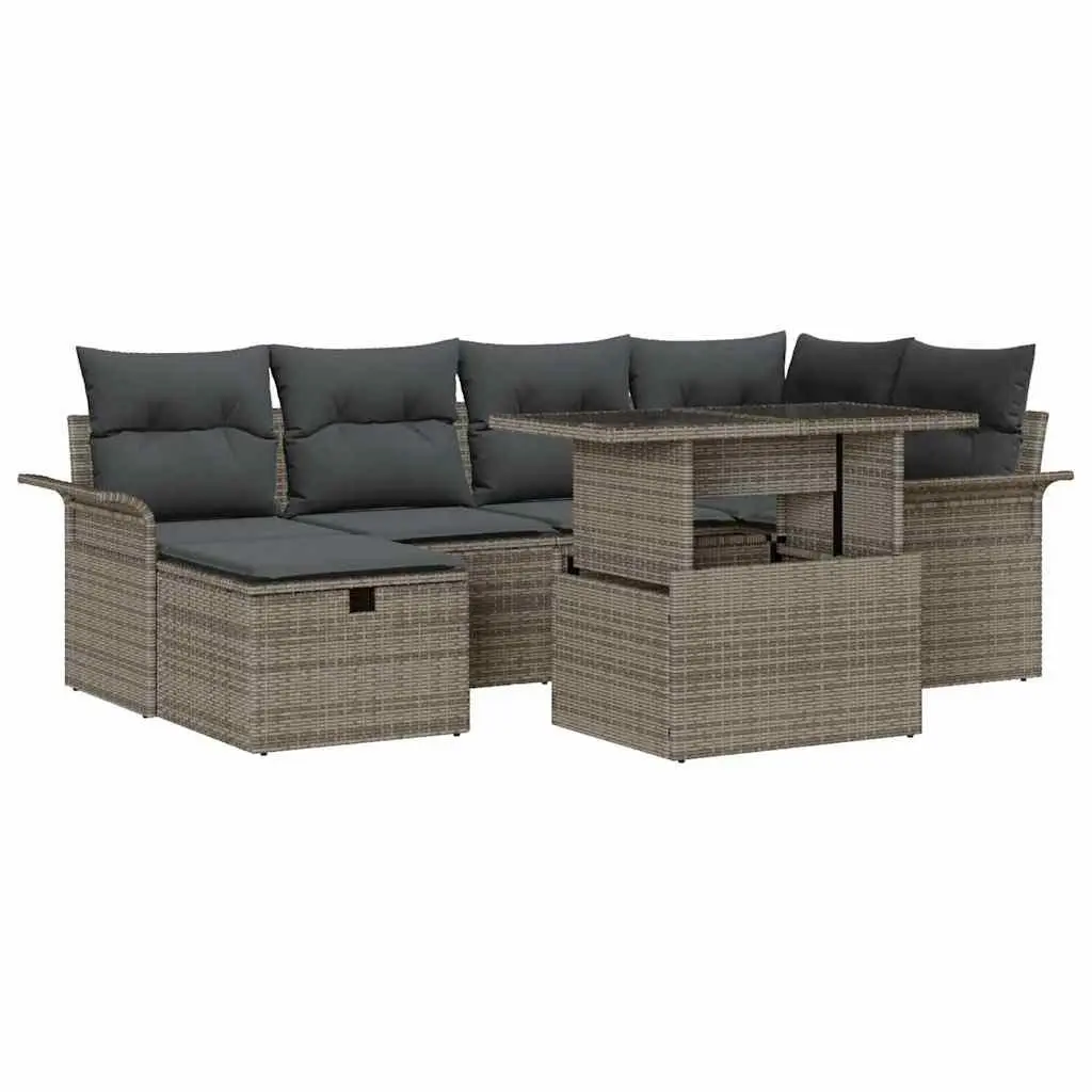 7 Piece Outdoor Patio Furniture Set Grey Poly Rattan with Cushions Modern Garden Sofa Collection