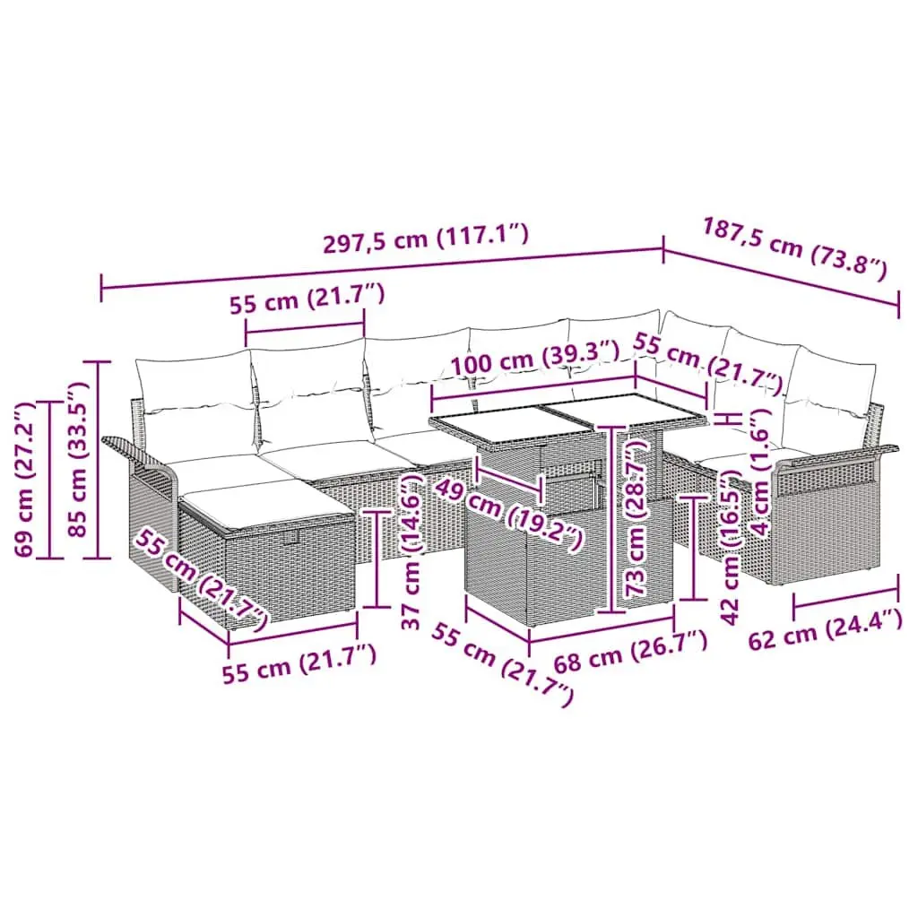 Garden Sofa Set Modular Outdoor Furniture Grey Poly Rattan 9 Piece with Cushions